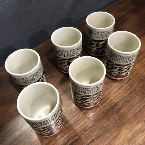 6 pc set- Japanese tea cups, gold copper accents, geese flying pattern, vintage